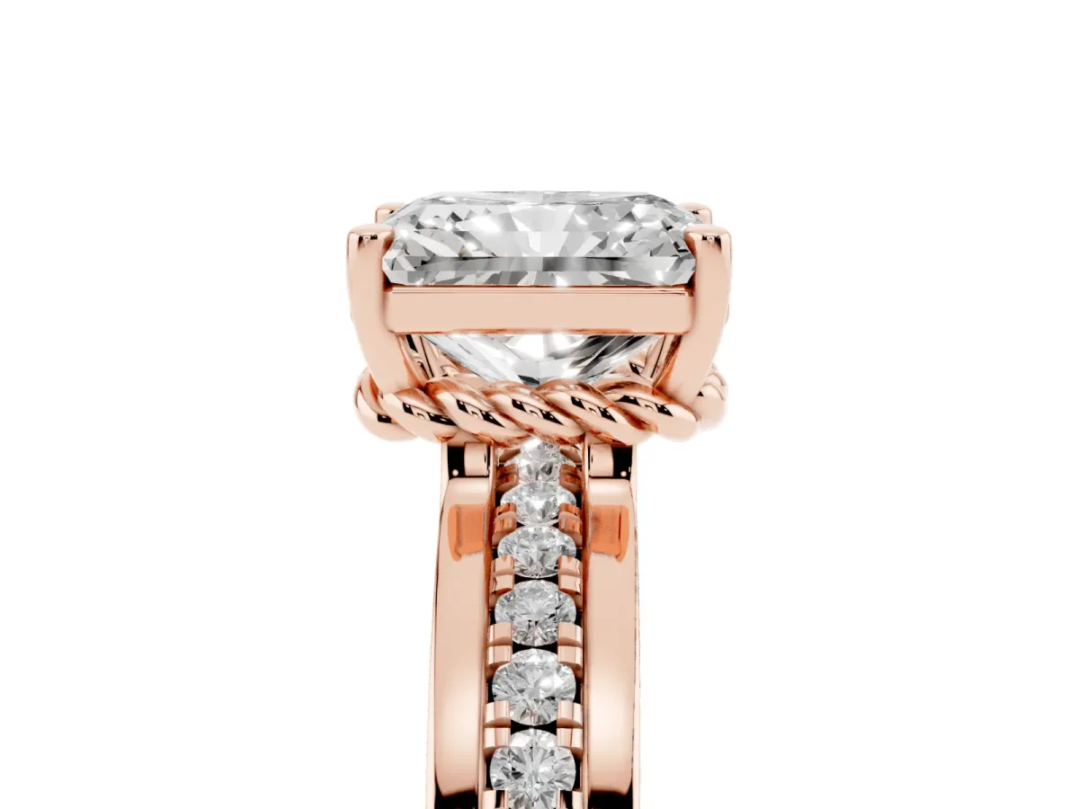 Radiant Cut Solitaire Diamond Ring with Channel Set Band and Six-Prong Setting Rose gold