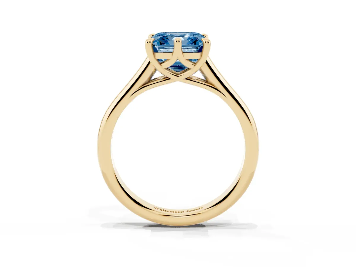 Fancy Blue Asscher Cut Solitaire Engagement Ring with Six-Prong Setting and Classic Band Yellow gold