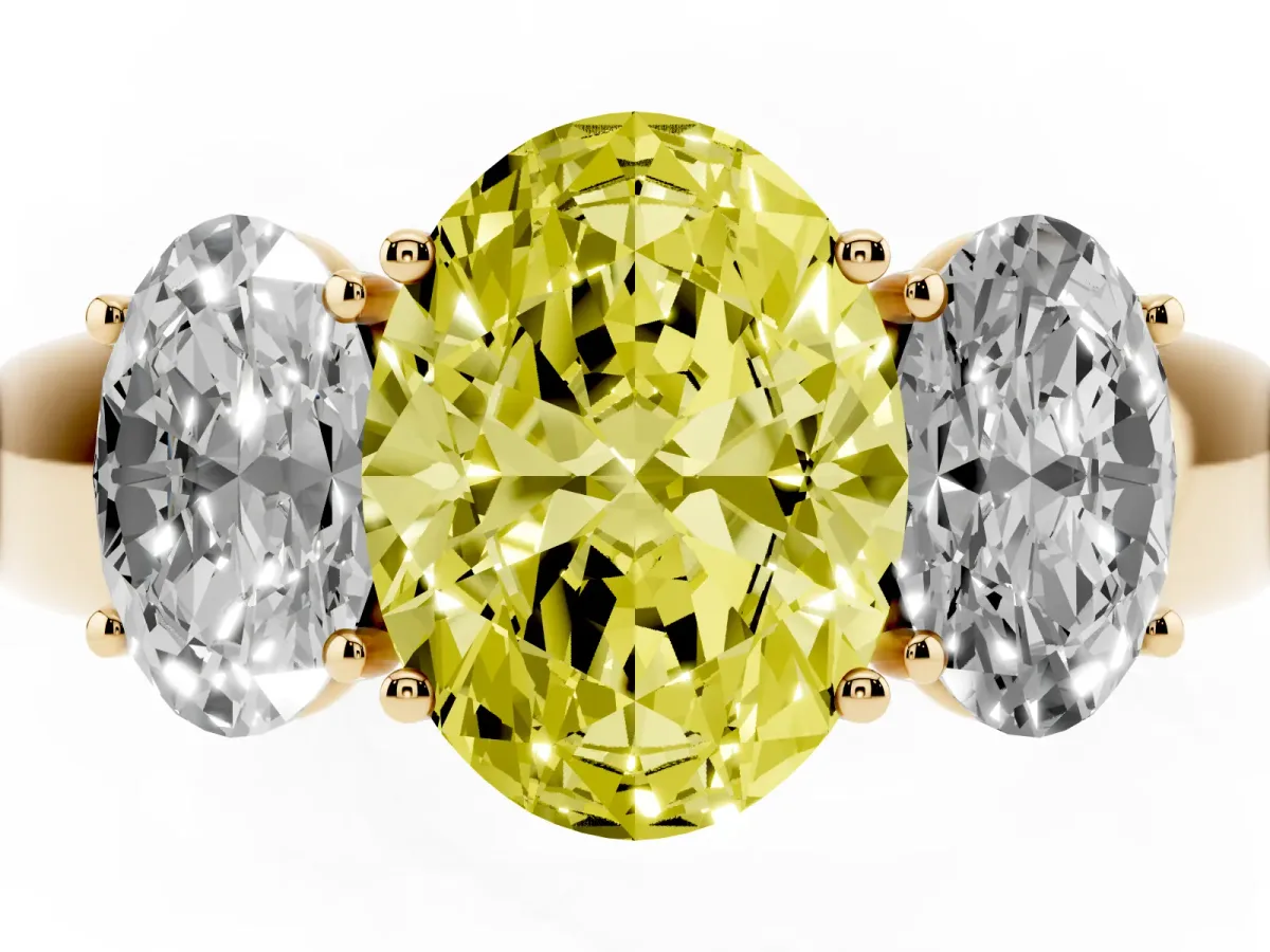Fancy Yellow Three-Stone Oval Cut Cut Diamond Ring with Prong Setting and Classic Band Yellow gold