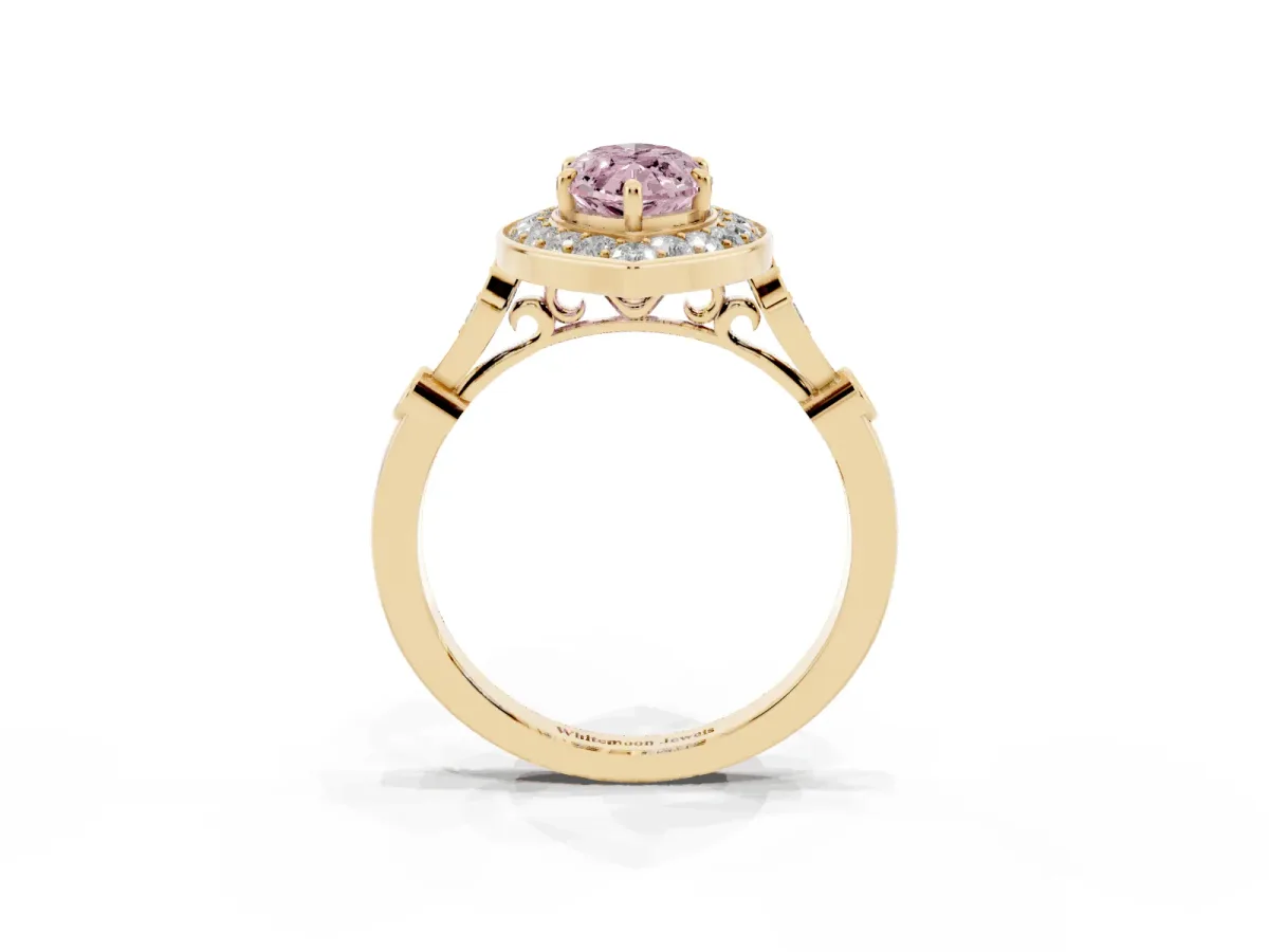 Fancy Pink Marquise Cut Halo Diamond Engagement Ring with Twisted Band and Four-Prong Setting Yellow gold