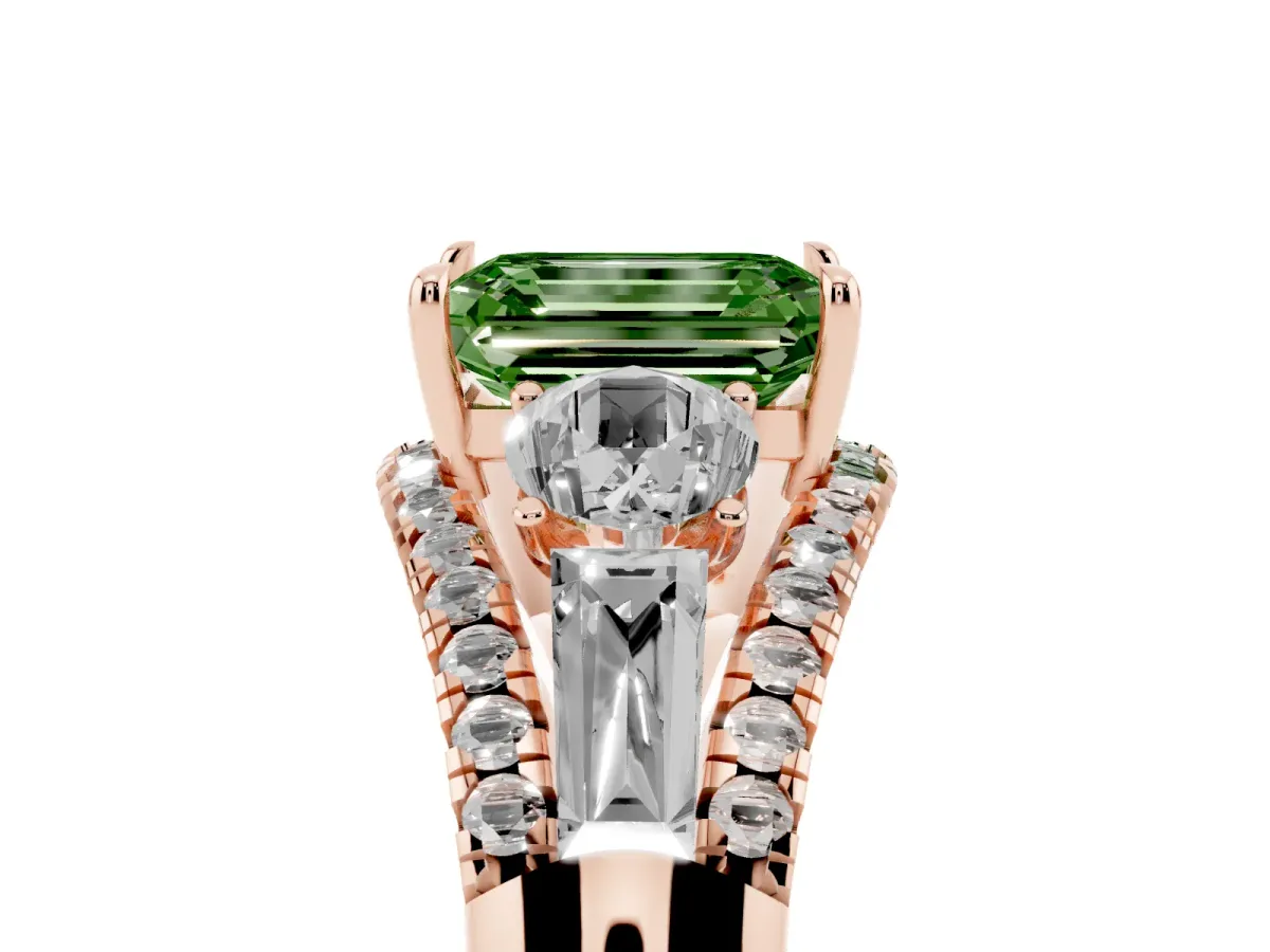 Fancy Green Three-Stone Emerald Cut Diamond Engagement Ring with Pave Band and Prong Setting Rose gold