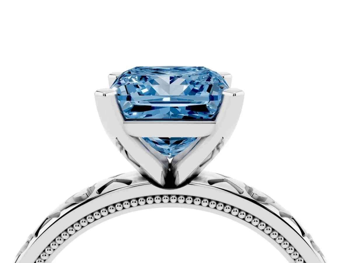 Fancy Blue Princess Cut Solitaire Diamond Engagement Ring with XO Engraved Band and Four-Prong Setting Silver