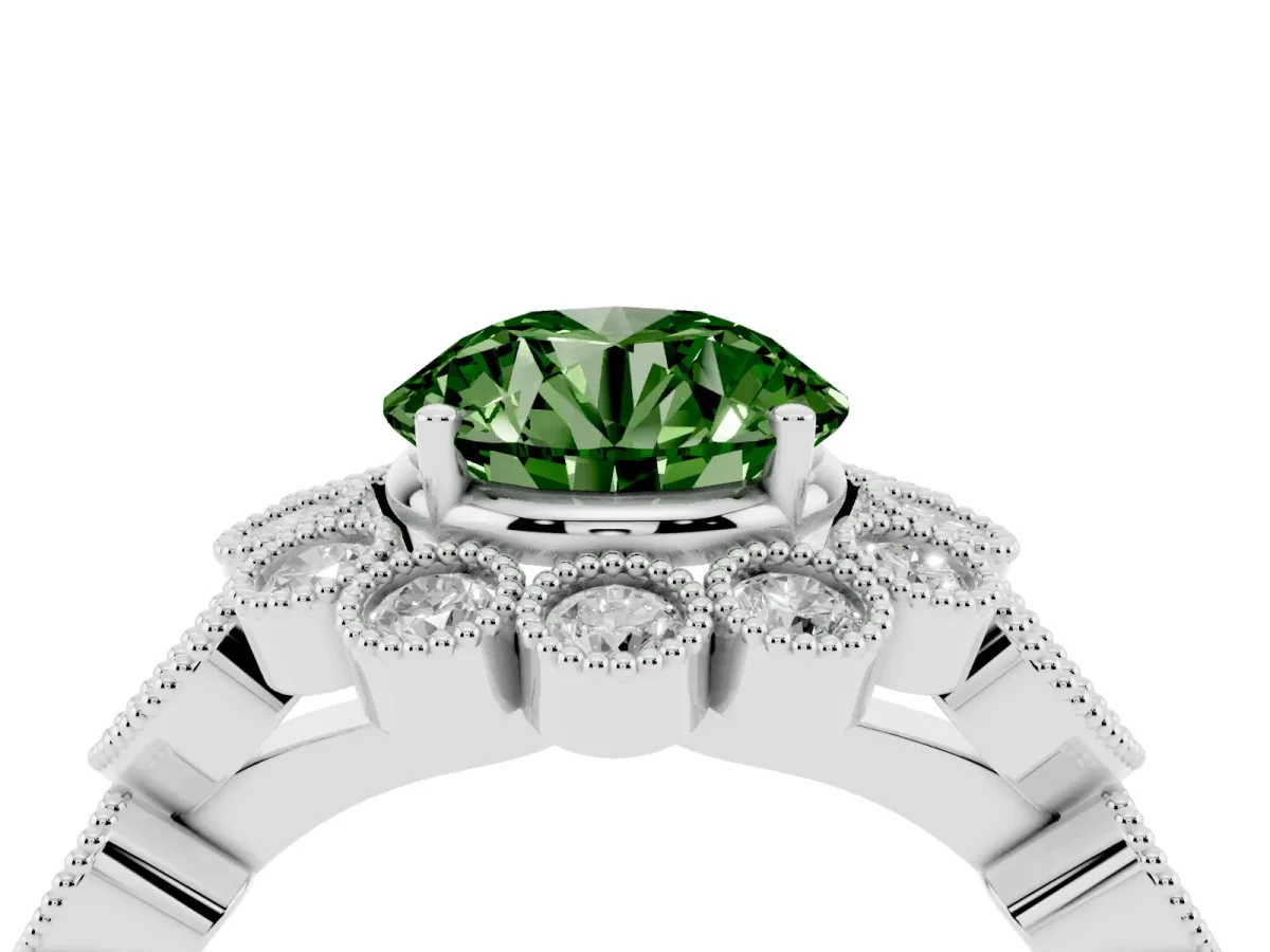 Fancy Green Round Cut Brilliant Milgrain Pave Heart Band Solitaire Ring Platinum