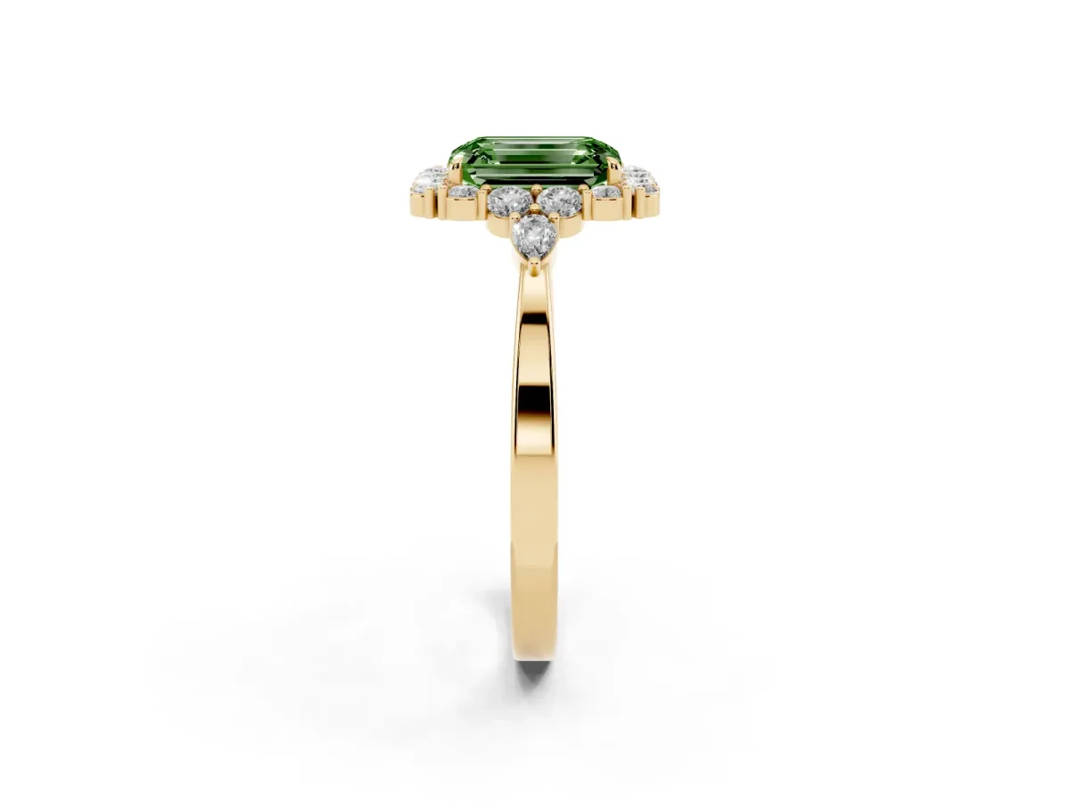 Fancy Green Emerald Cut Diamond Halo Ring with Pear Side Stones and Prong Setting Yellow gold