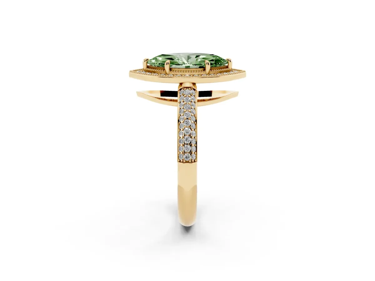 Fancy Green Marquise Cut Cut Halo Diamond Pave Band with Four-Prong Setting Yellow gold
