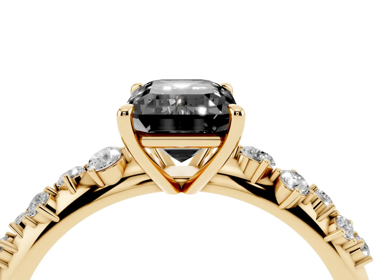 Fancy Black Emerald Cut Diamond Cluster Side Stone Solitaire Ring with Prong Setting Yellow gold