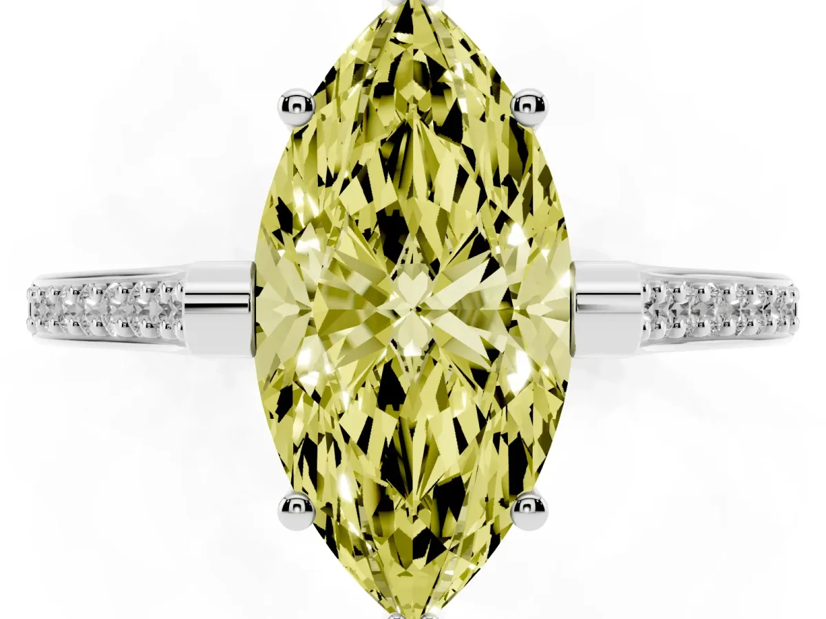 Fancy Yellow Marquise Cut Solitaire Diamond Ring with Channel Set Band and Bezel Prong Setting Platinum