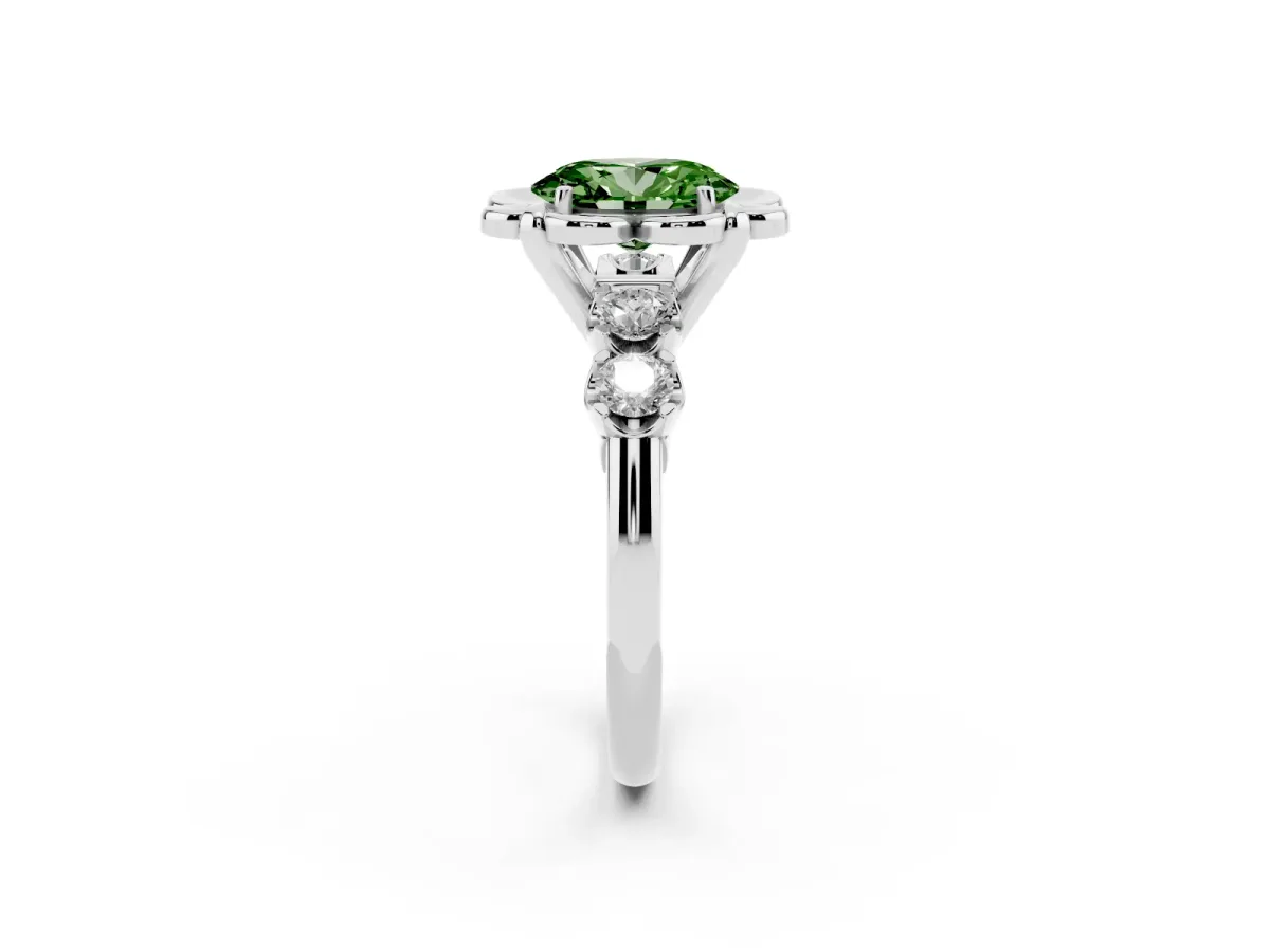 Fancy Green Oval Cut Cut Diamond Floral Halo Engagement Ring with Shared Prong Setting Silver