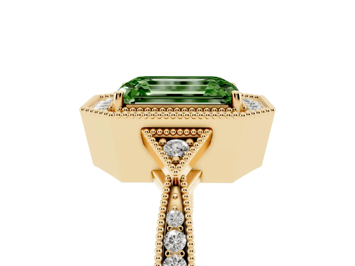 Fancy Green Emerald Cut Halo Round Diamond Milgrain Pave Engagement Ring Yellow gold