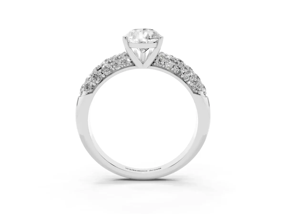 Pear Cut Diamond Pavé Band Solitaire Ring with Four-Prong Setting Silver