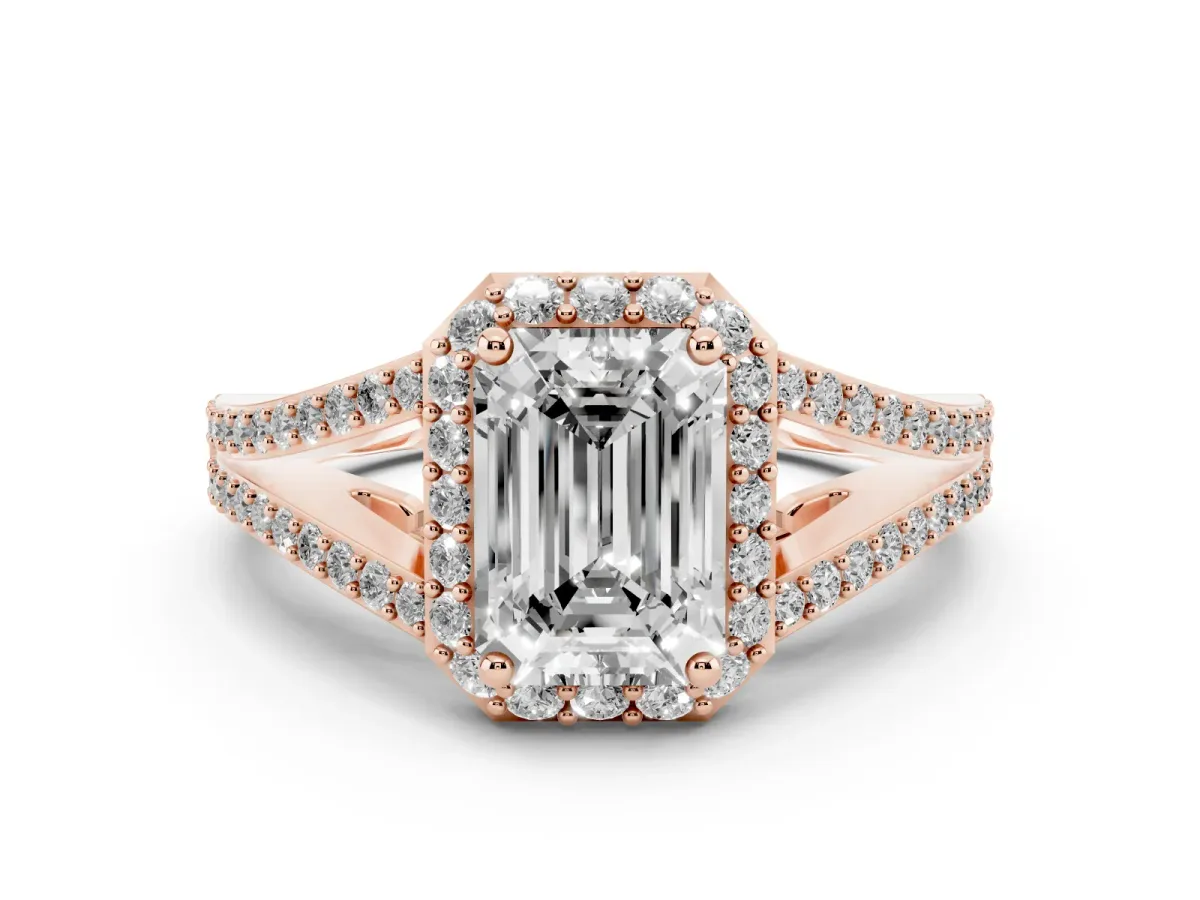 Emerald Cut Halo Split Shank Diamond Ring with Prong Setting Rose gold