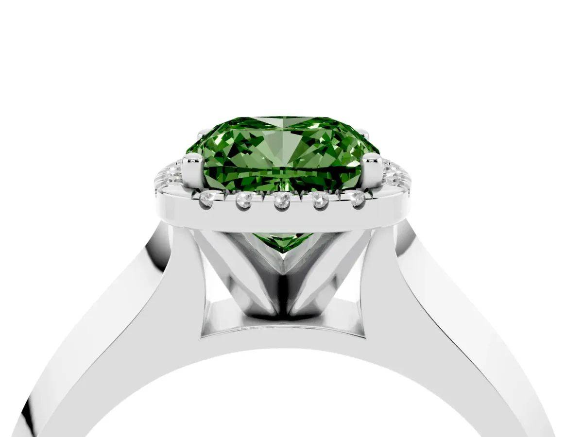 Fancy Green Cushion Cut Halo Diamond Ring with Cathedral Band and Four-Prong Setting Silver
