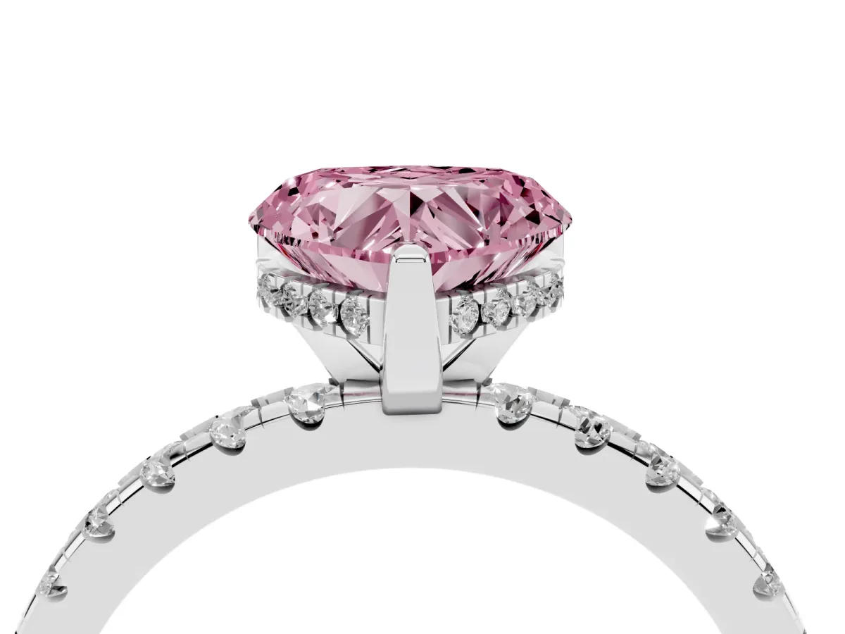 Fancy Pink Heart Cut Diamond Solitaire Ring with Round Pavé Band and Four-Prong Setting Platinum
