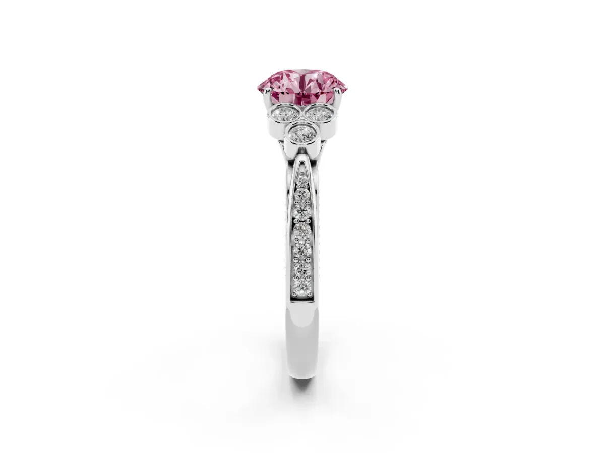 Fancy Pink Round Cut Cut Diamond Engagement Ring with Bezel Set Round Side Stones and Prong Setting Silver