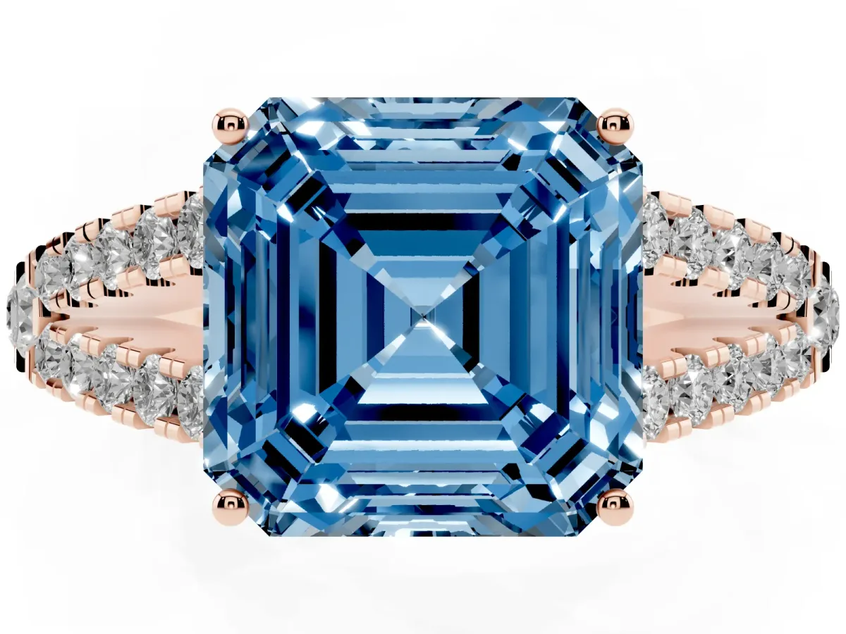 Fancy Blue Asscher Cut Diamond Split Shank Engagement Ring with Round Pavé and Prong Setting Rose gold