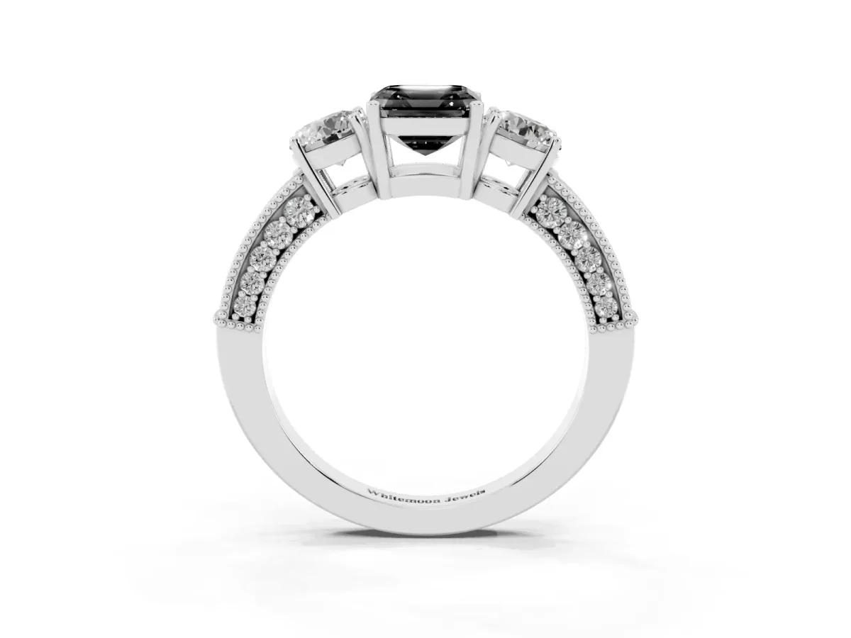 Fancy Black Asscher Cut Three-Stone Diamond Ring with Pavé Band and Four-Prong Setting Silver