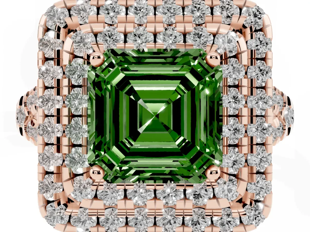 Fancy Green Double Halo Asscher Cut Diamond Pavé Split Shank Ring with Prong Setting Rose gold