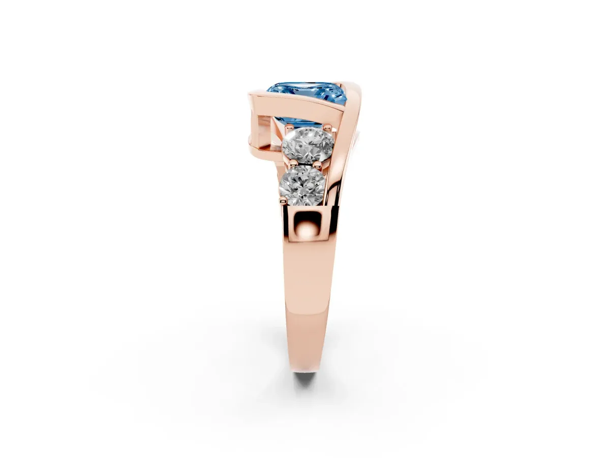 Fancy Blue Bezel Set Asscher Cut Diamond Bypass Ring with Round Accents Rose gold