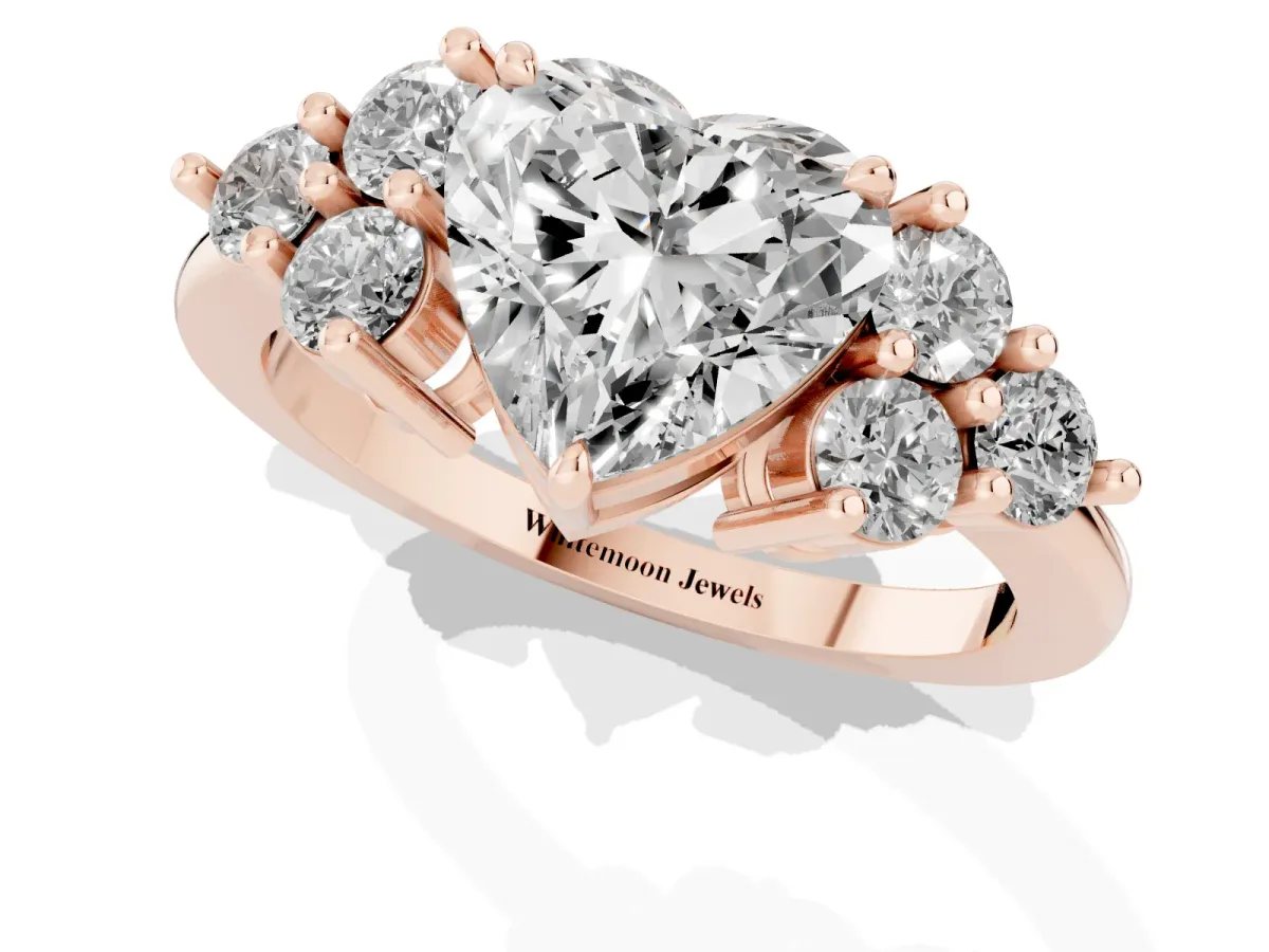 Heart Cut Brilliant Diamond Cluster Accent Solitaire Ring with Prong Setting Rose gold