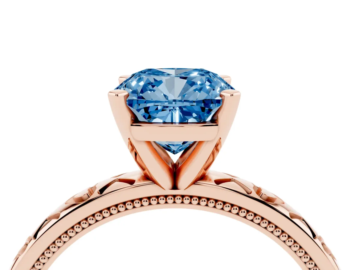 Fancy Blue Cushion Cut Solitaire Diamond Engagement Ring with XO Engraved Band and Four-Prong Setting Rose gold
