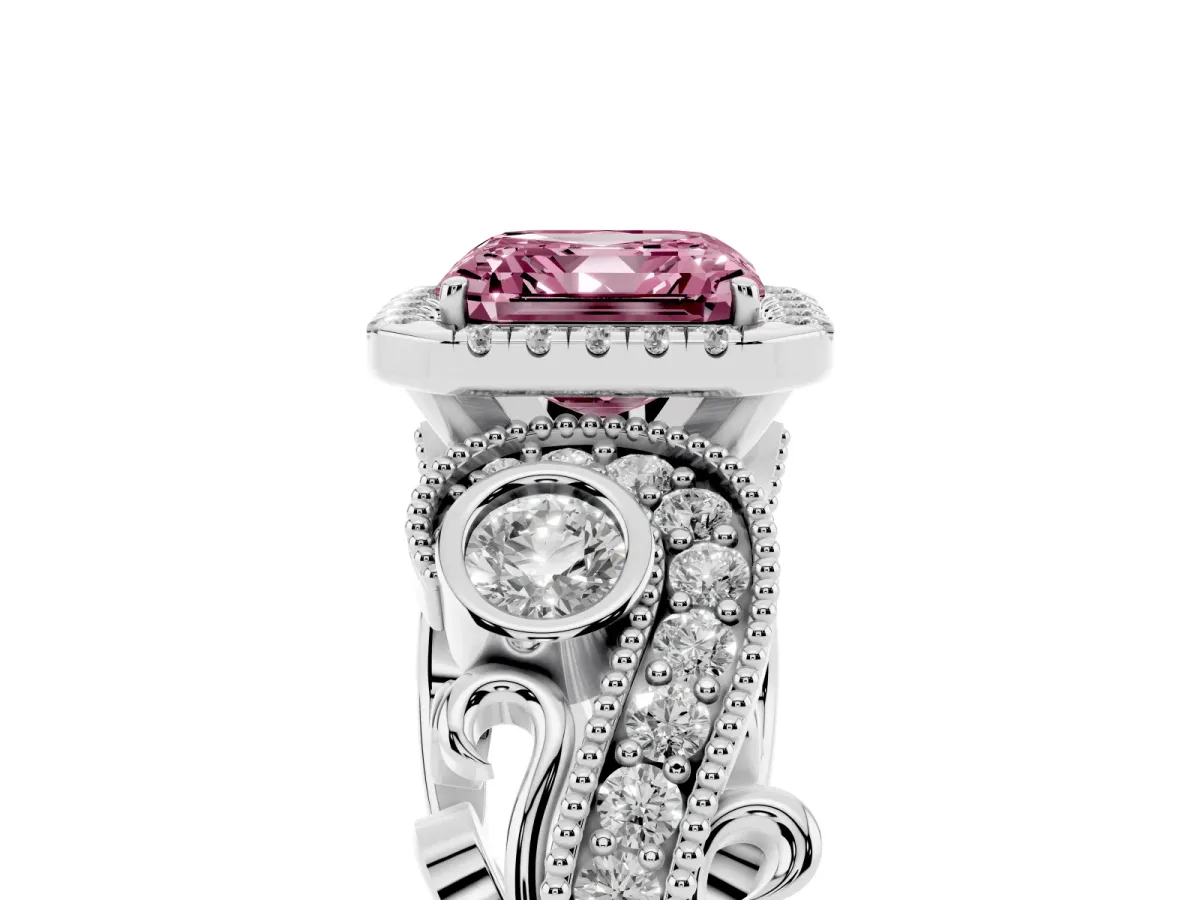 Fancy Pink Asscher Cut Diamond Halo Ring with Milgrain Pavé Band and Four-Prong Setting Platinum