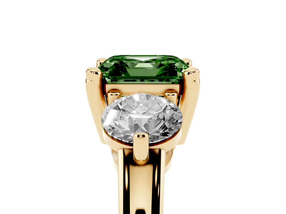 Fancy Green Three-Stone Asscher Cut Brilliant Cut Solitaire Ring with Prong Setting on a Classic Band Yellow gold