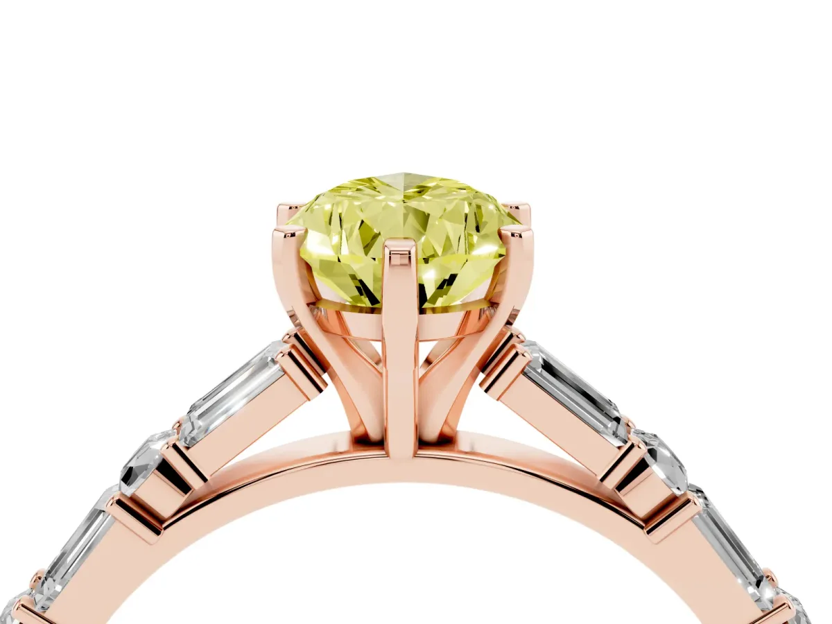 Fancy Yellow Pear Cut Diamond Solitaire with Side Baguettes and Channel Set Band Rose gold