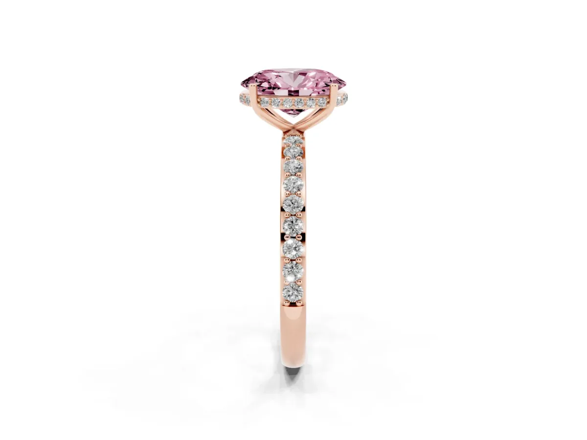 Fancy Pink Oval Cut Diamond Solitaire Ring with Pavé Band and Hidden Halo Rose gold