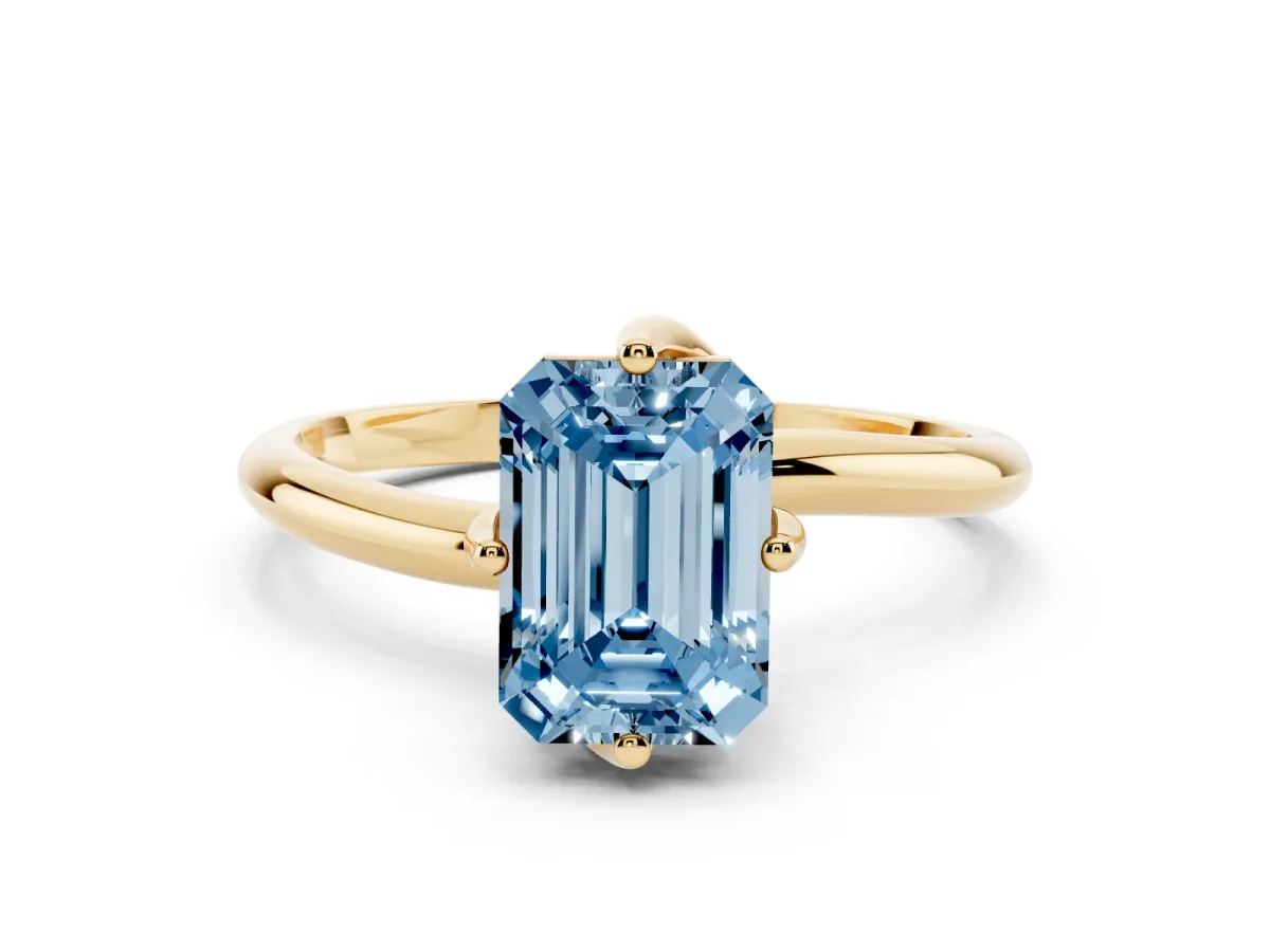 Fancy Blue Emerald Cut Diamond Solitaire Engagement Ring with Four-Prong Setting and Classic Band Yellow gold