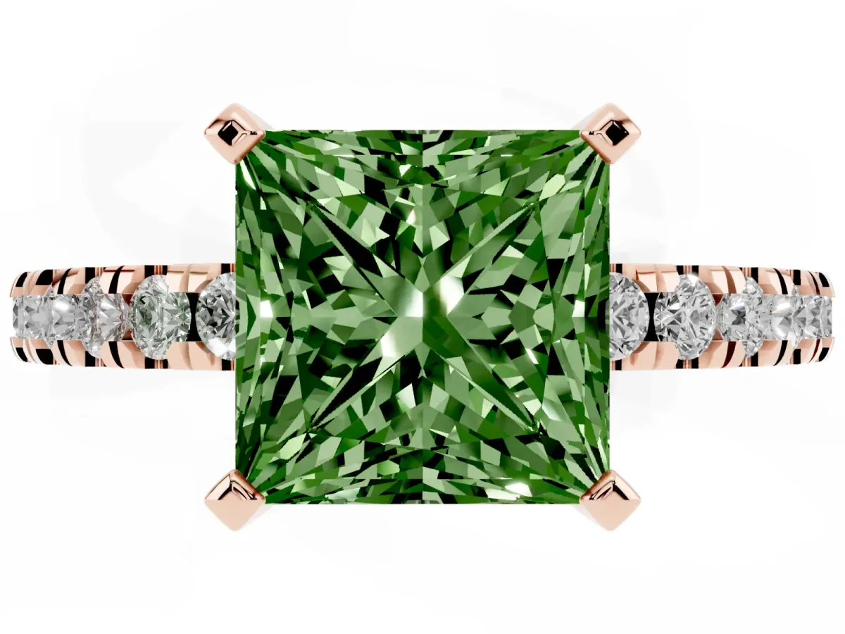 Fancy Green Princess Cut Solitaire Diamond with Pavé Band and Four-Prong Setting Rose gold