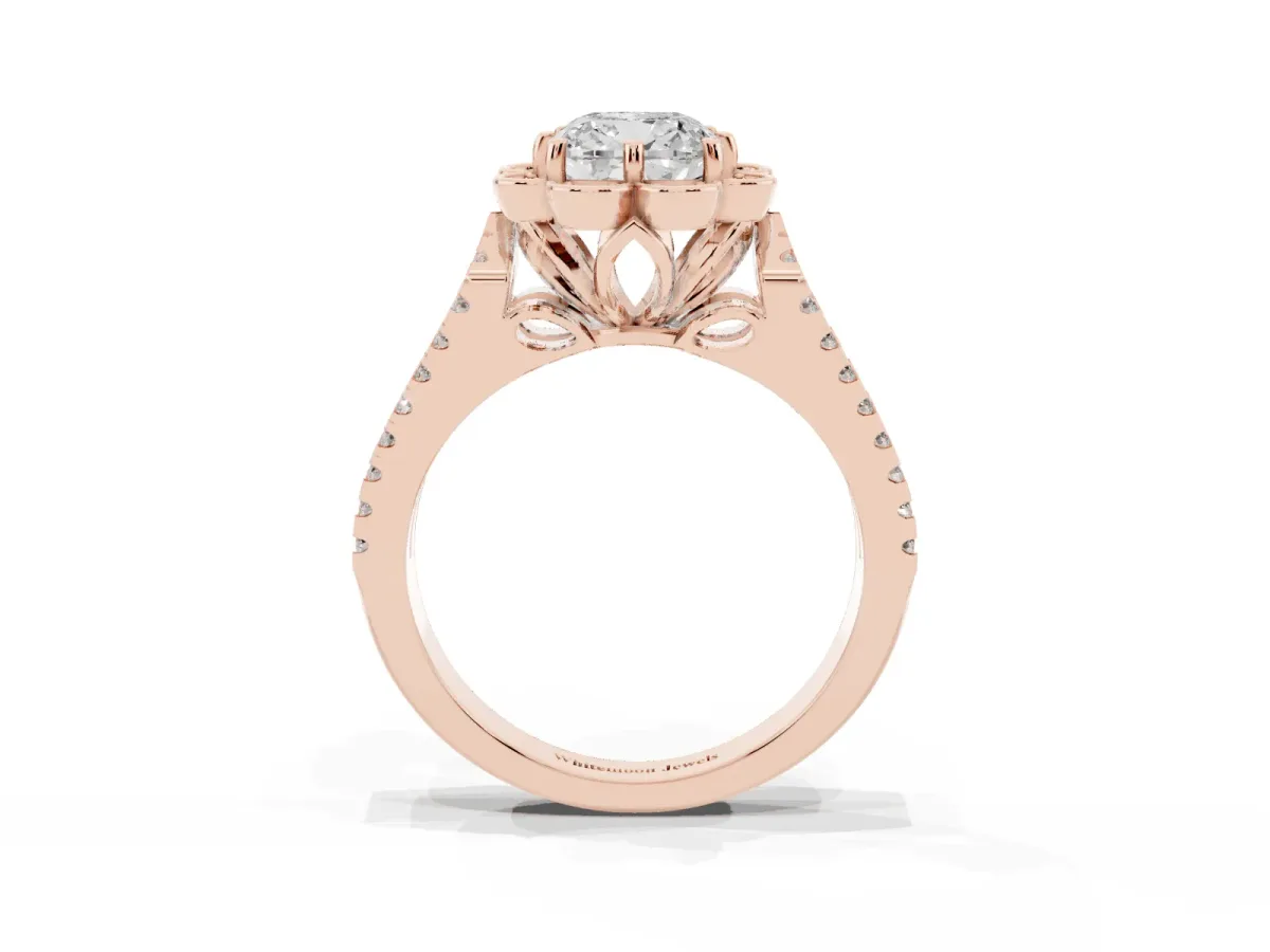 Cushion Cut Halo Diamond Floral Split Shank Engagement Ring Rose gold