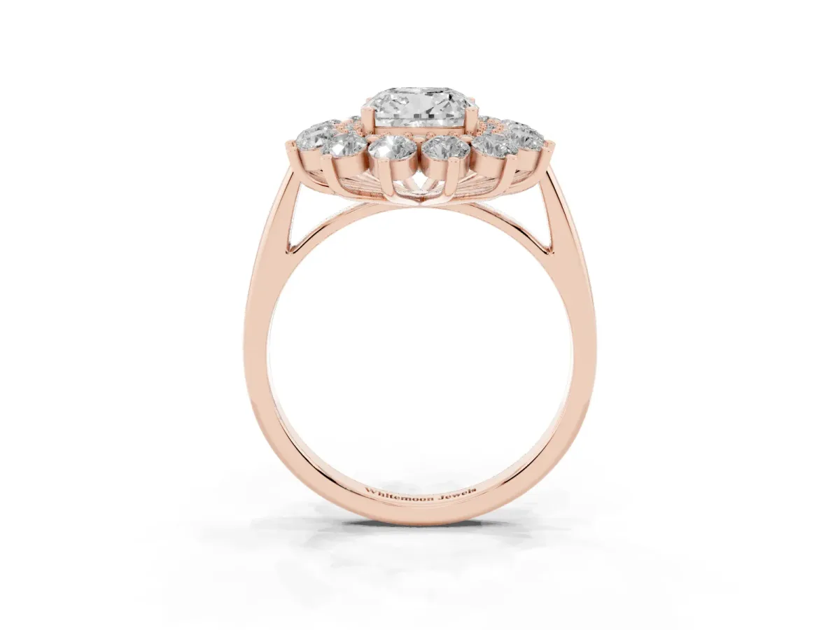 Cushion Cut Diamond Floral Double Halo Engagement Ring with Prong Setting Rose gold