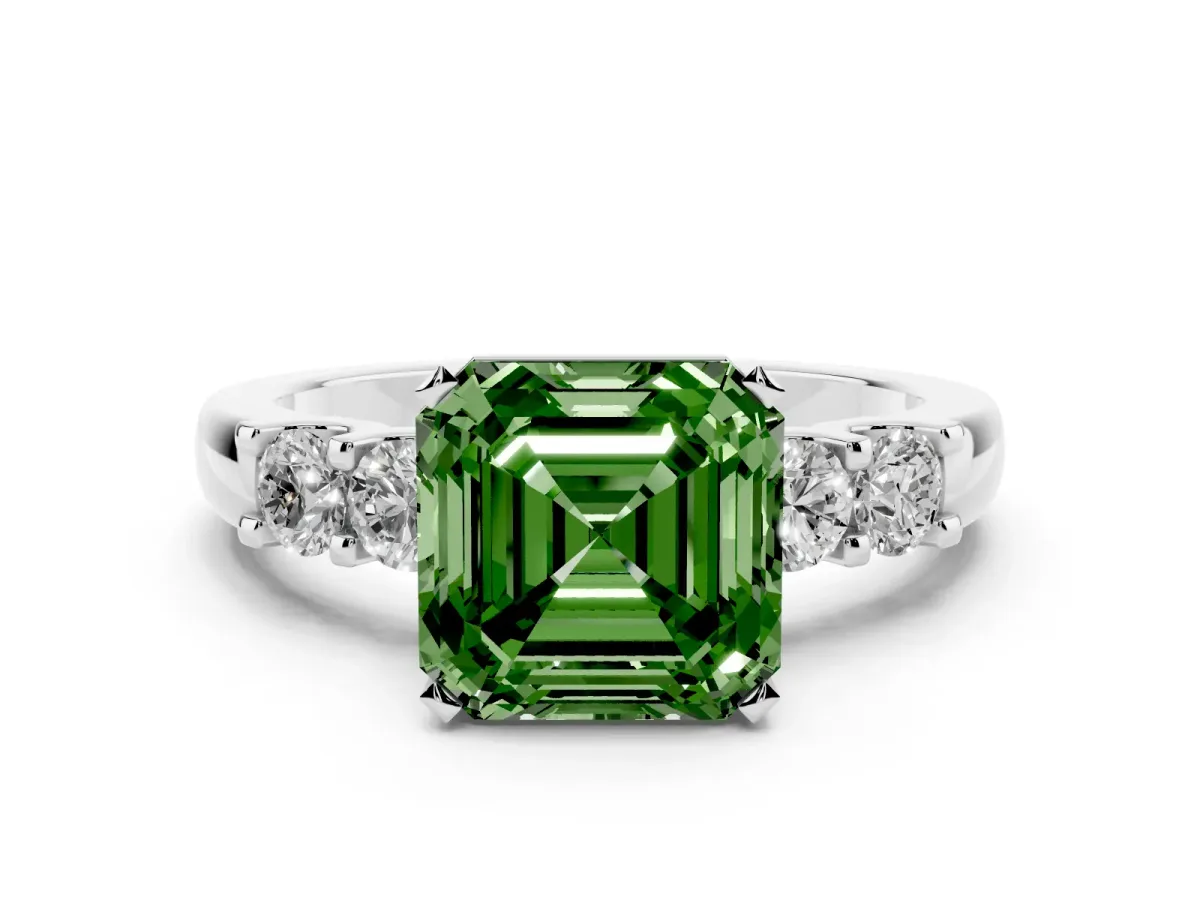 Fancy Green Asscher Cut Brilliant Cut Diamond Five-Stone Prong Set Engagement Ring with Channel Band Silver