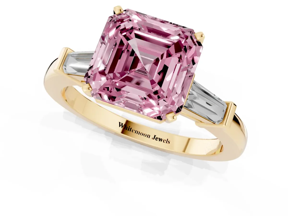 Fancy Pink Asscher Cut Cut Diamond Solitaire Ring with Tapered Baguette Accents and Four-Prong Setting Yellow gold