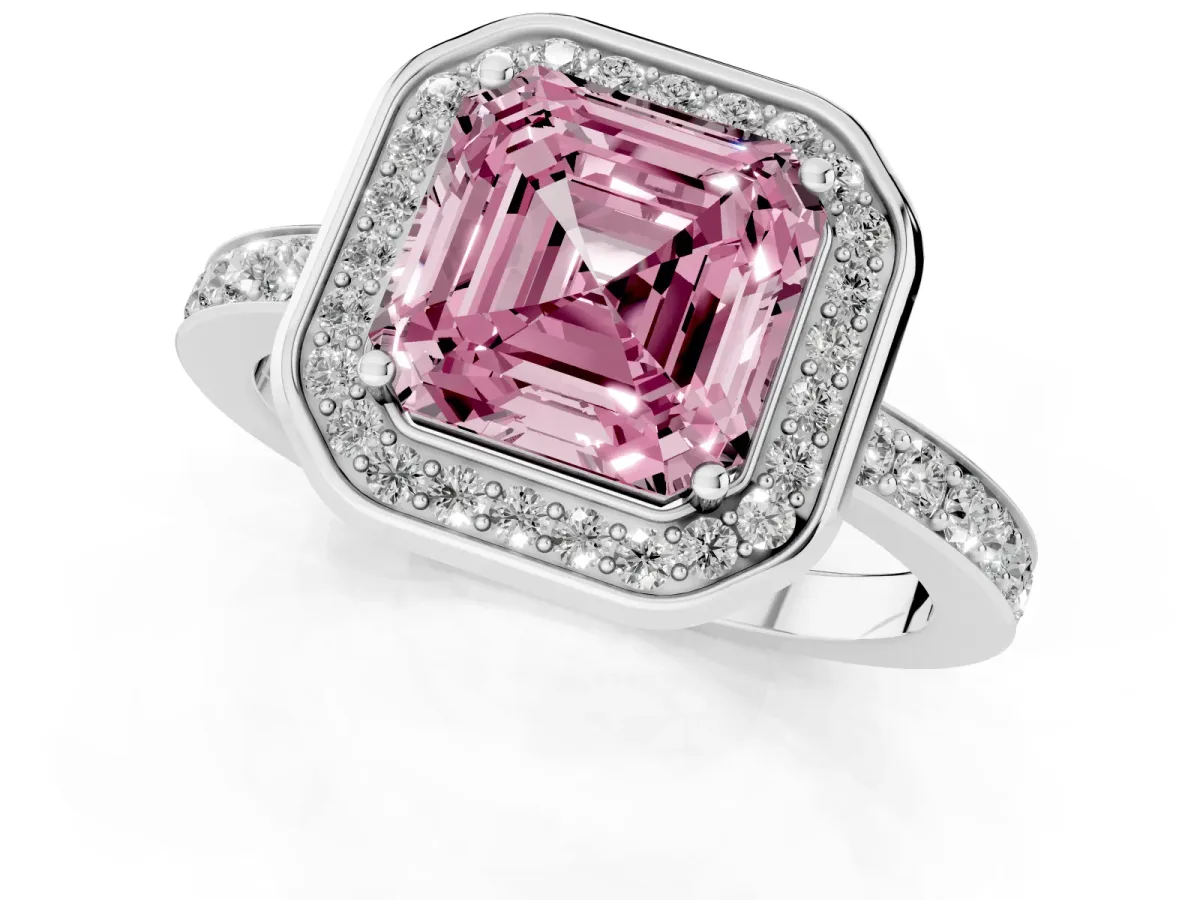 Fancy Pink Asscher Cut Diamond Halo Ring with Bezel Frame and Pavé Band Silver