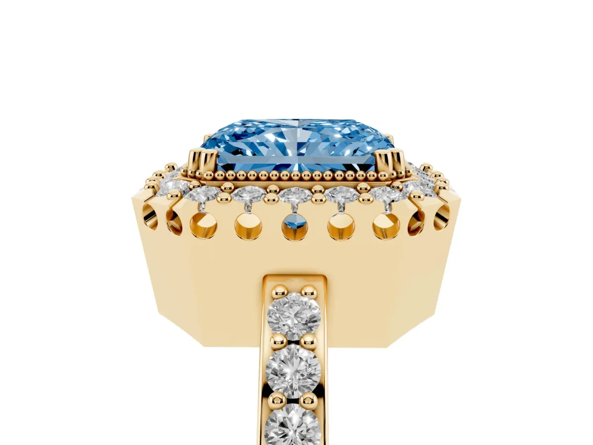Fancy Blue Radiant Cut Diamond Halo Ring with Pavé Band and Prong Setting Yellow gold