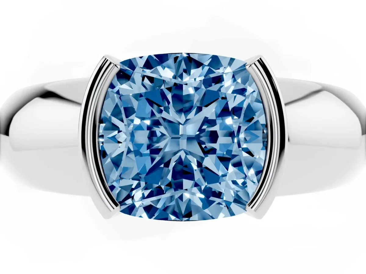 Fancy Blue Cushion Cut Solitaire Tension Set Diamond Ring with Wide Band Silver