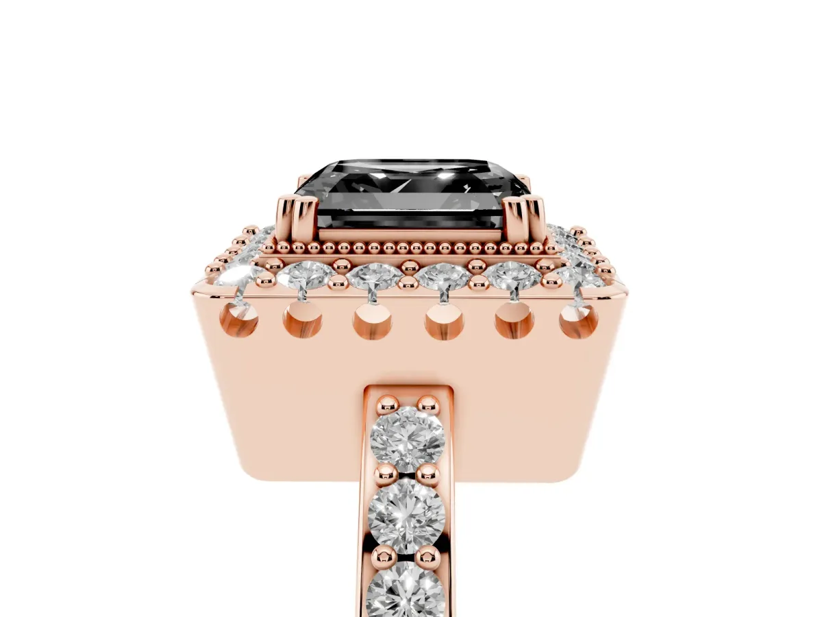 Fancy Black Asscher Cut Diamond Halo Ring with Pavé Band and Prong Setting Rose gold