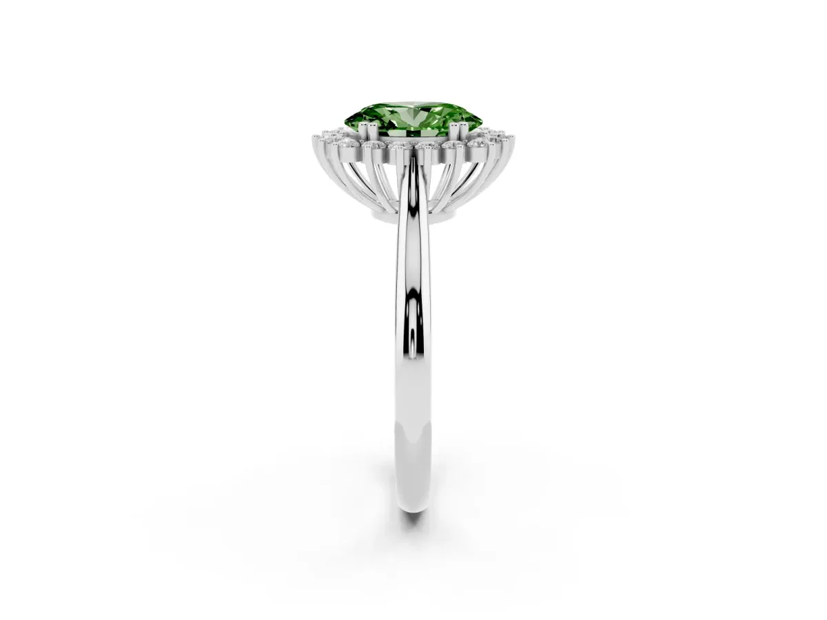 Fancy Green Oval Cut Cut Diamond Halo Ring with Solitaire Band and Prong Setting Platinum