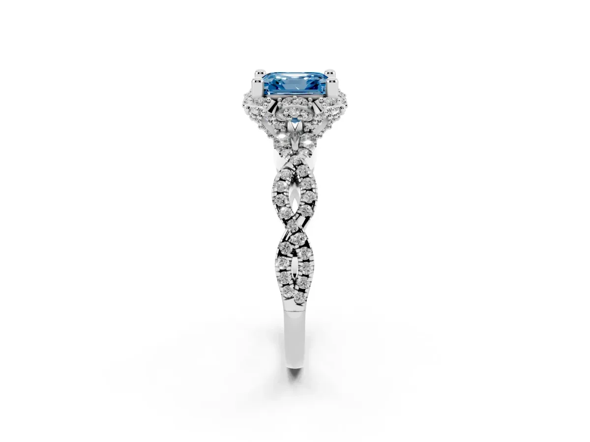 Fancy Blue Asscher Cut Halo Twist Band Solitaire Ring with Six-Prong Setting Silver