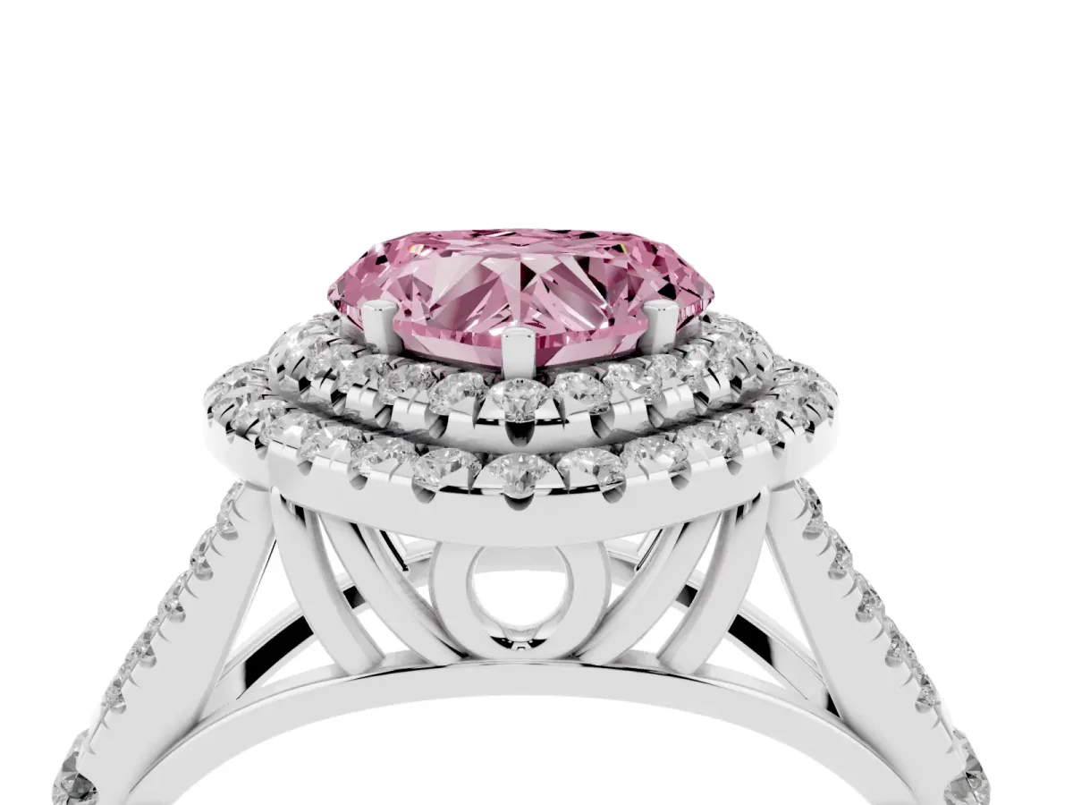 Fancy Pink Double Halo Heart Cut Diamond Split Shank Engagement Ring with Four-Prong Setting Silver