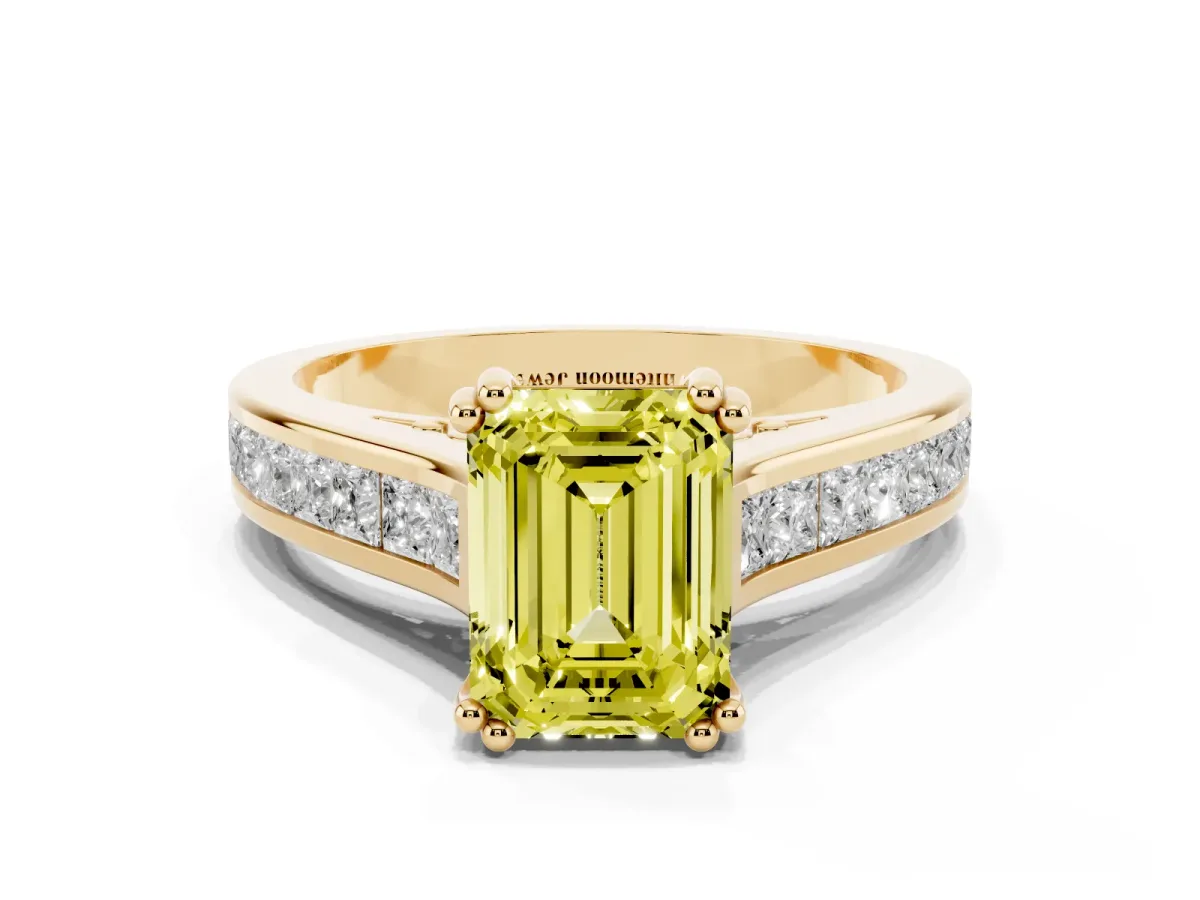 Fancy Yellow Emerald Cut Cut Channel Set Solitaire Engagement Ring with Prong Setting Yellow gold