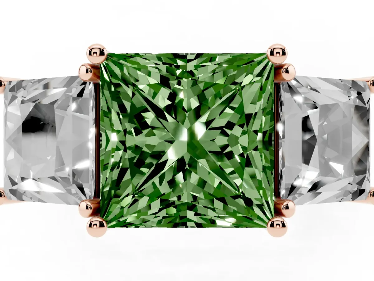 Fancy Green Three-Stone Princess Cut Diamond Pavé Band with Prong Setting Rose gold