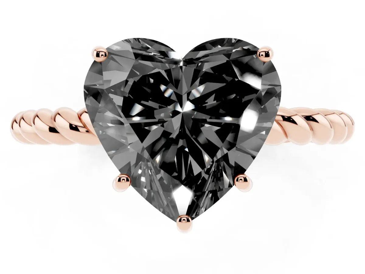 Fancy Black Heart Cut Solitaire Twisted Band 4-Prong Ring Rose gold
