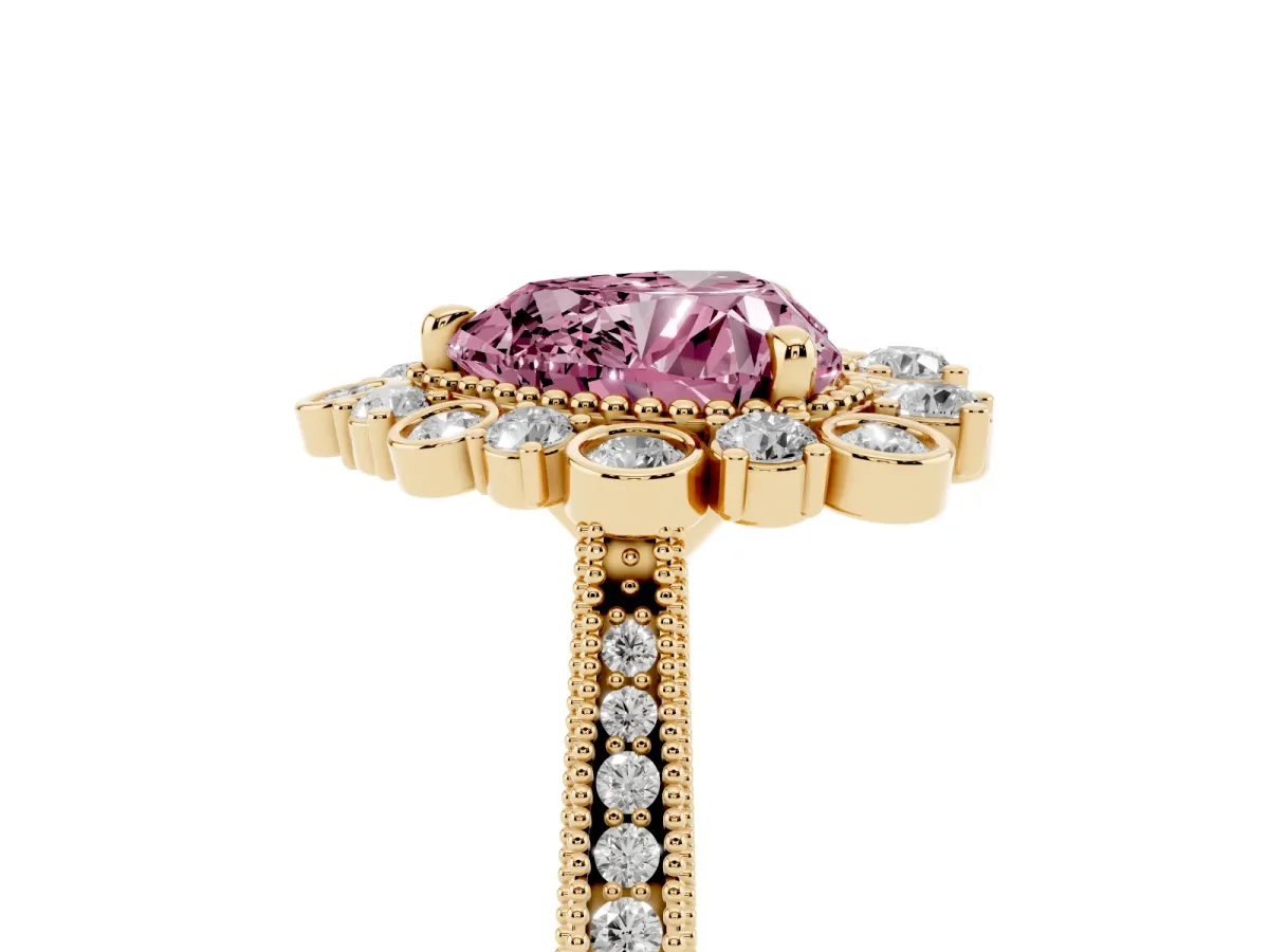Fancy Pink Heart Cut Halo Milgrain Pave Diamond Ring with Four-Prong Setting Yellow gold