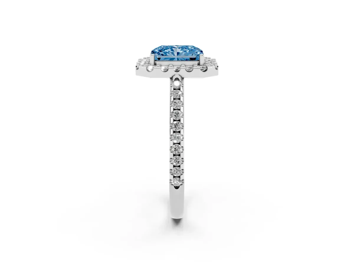 Fancy Blue Radiant Cut Diamond Pavé Halo Ring with Four-Prong Setting Silver