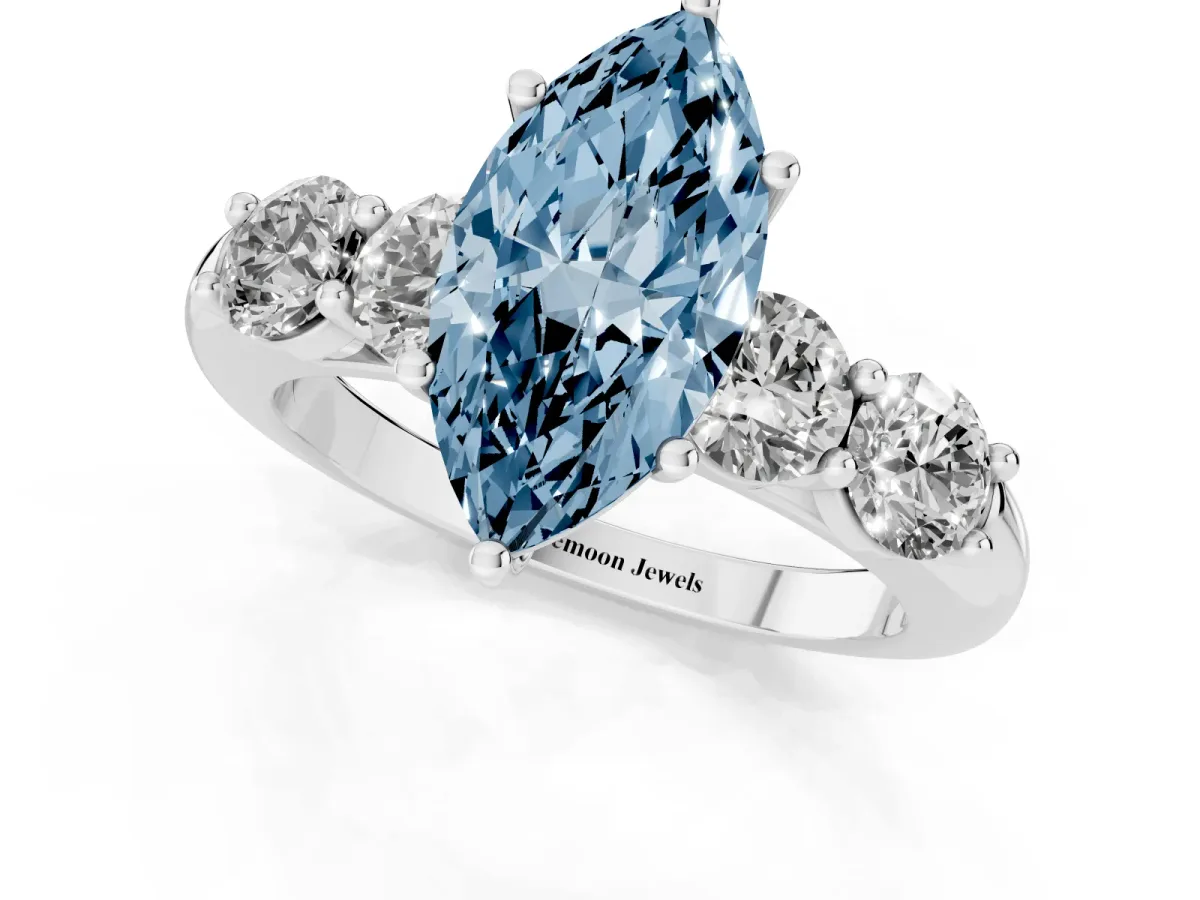 Fancy Blue Marquise Cut Cut Five-Stone Prong Set Diamond Ring with Classic Band Silver