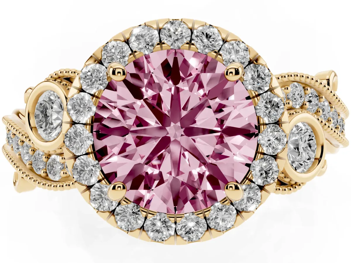 Fancy Pink Round Cut Halo Diamond Ring with Milgrain and Bezel Accents on a Split Shank Band Yellow gold
