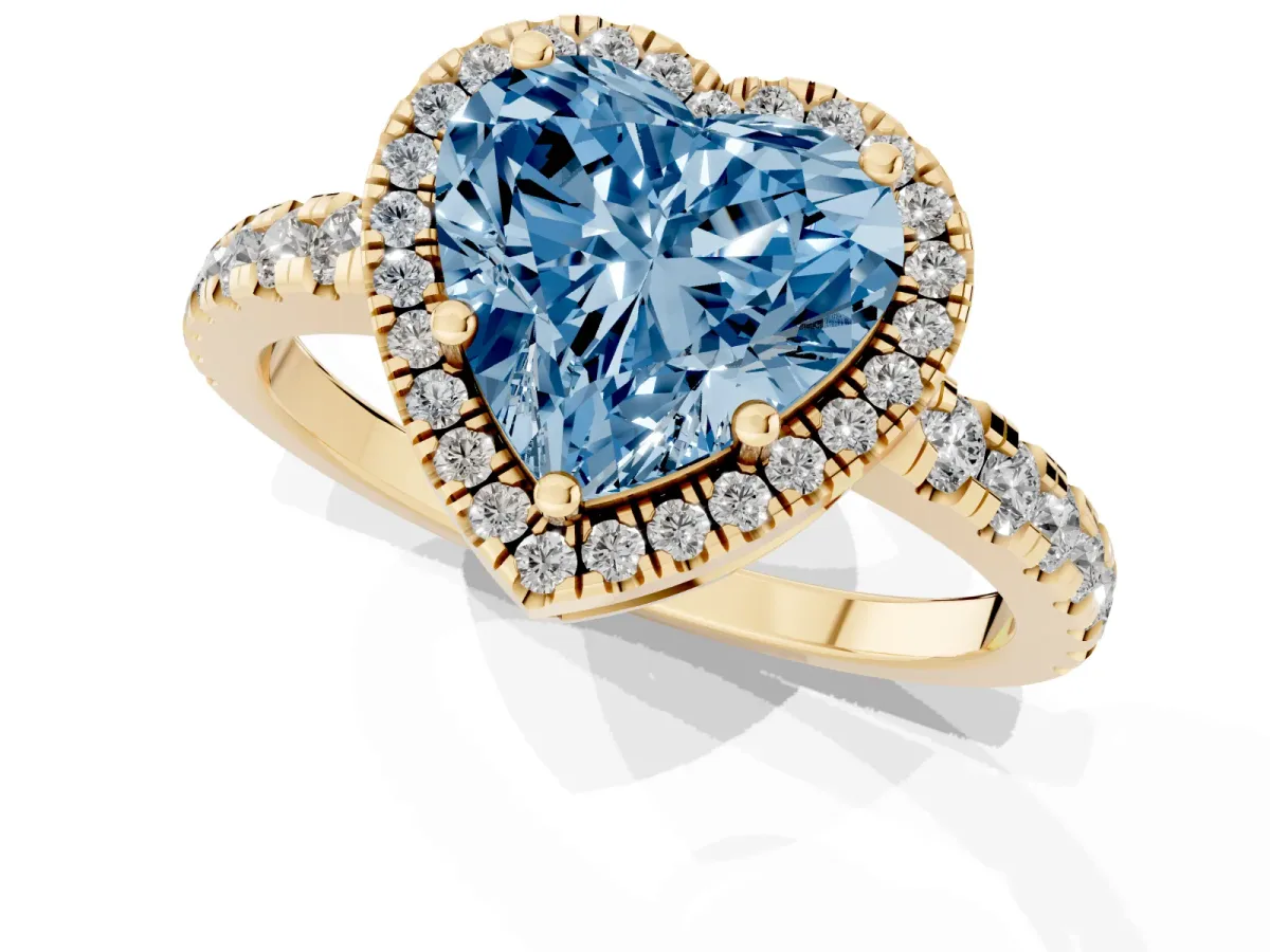 Fancy Blue Heart Cut Diamond Halo Ring with Pavé Band and Four-Prong Setting Yellow gold