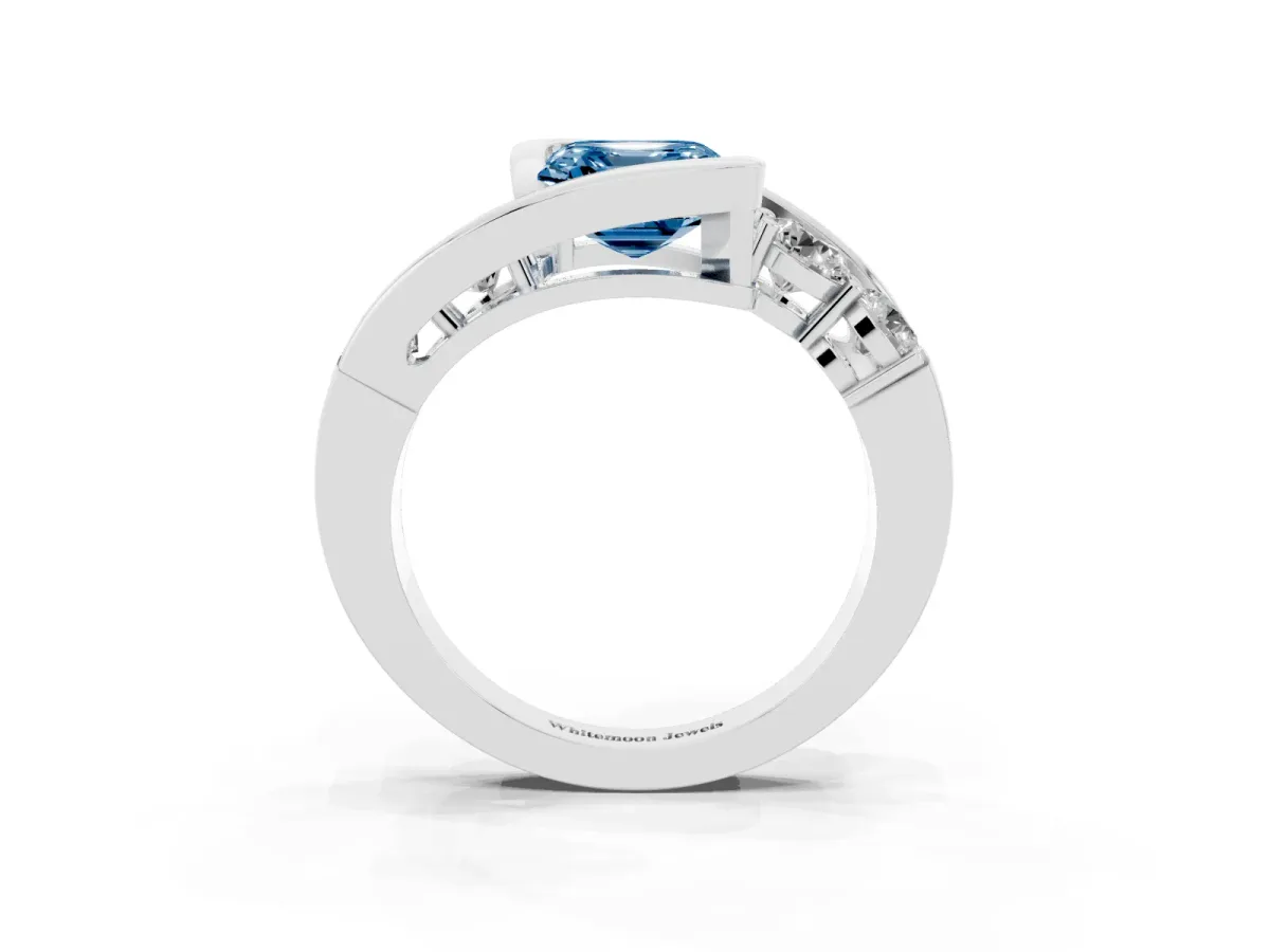Fancy Blue Bezel Set Asscher Cut Diamond Bypass Ring with Round Accents Platinum